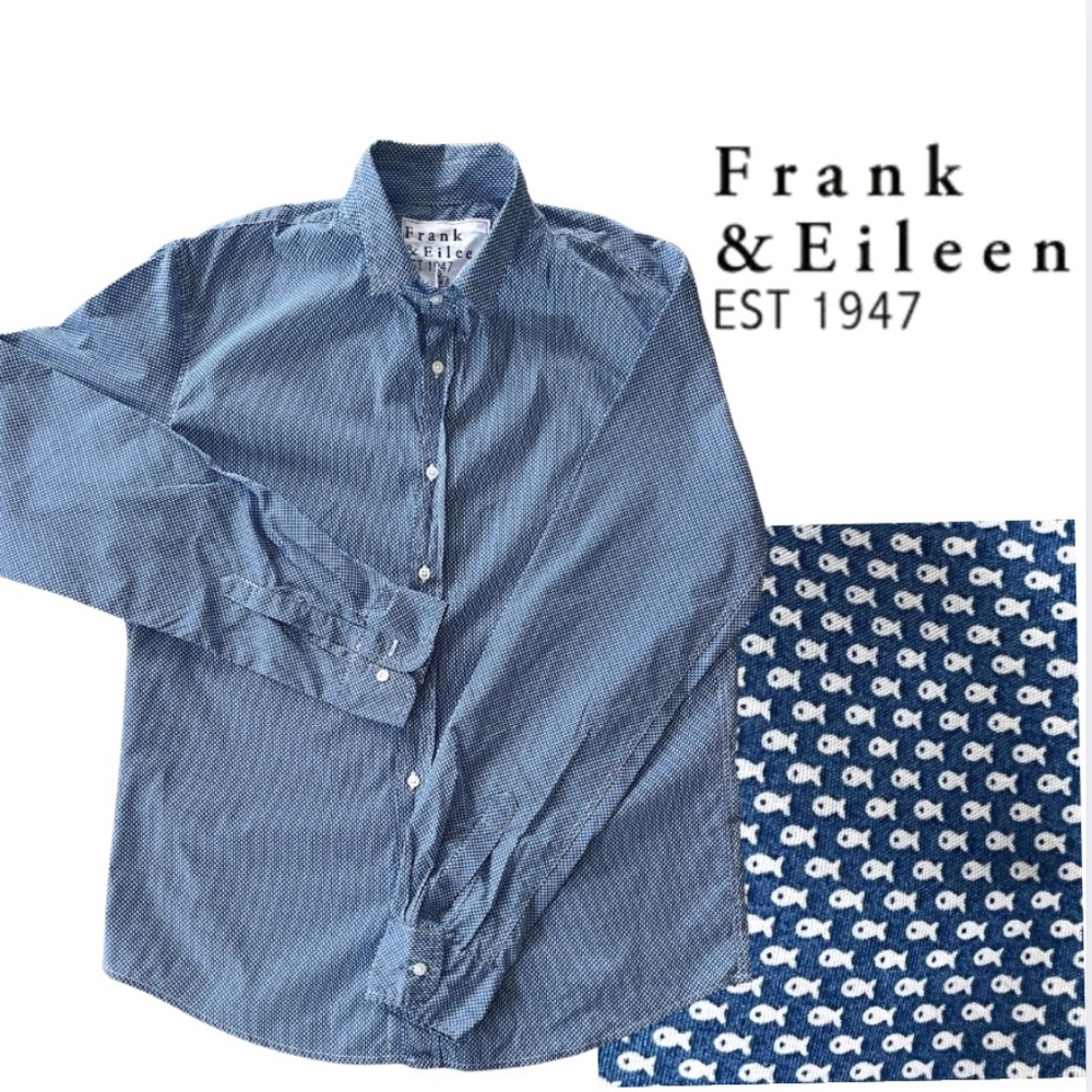 Frank & Eileen Navy Blue Micro Fish Print Cotton Dress Shirt